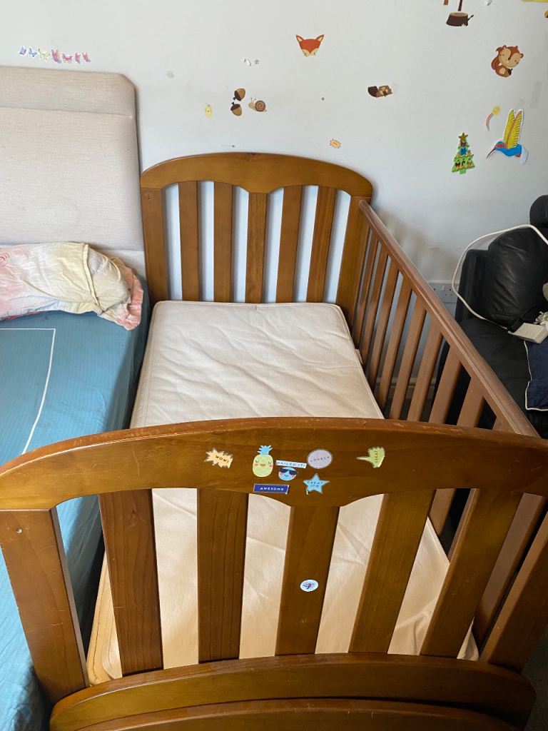 John Lewis Rachel Cotbed + Little Green Sheep Mattress & Bedding