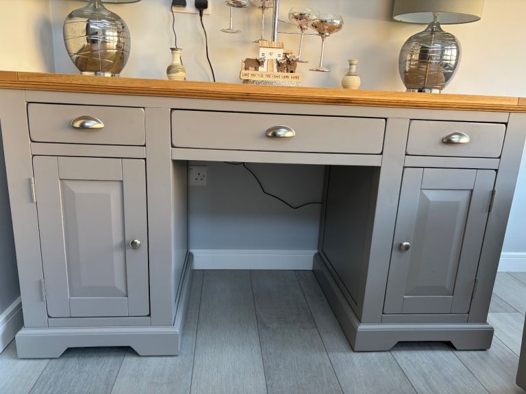 Solid Grey Wooden Desk with Oak Top and Drawers