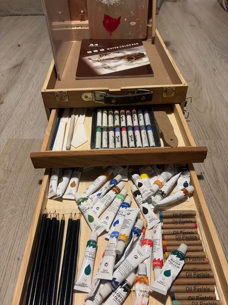 Wooden Art Box with Paints, Pencils, and Pastels – Good Condition