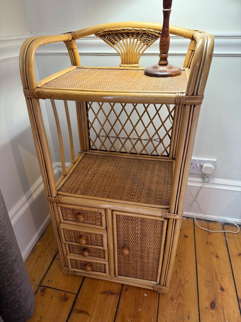 Vintage rattan cabinet / bamboo wicker side table – boho coastal style – great condition