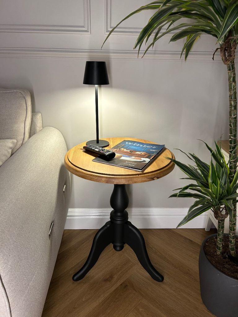 Solid Pine Side Table – Black Base with Waxed Top