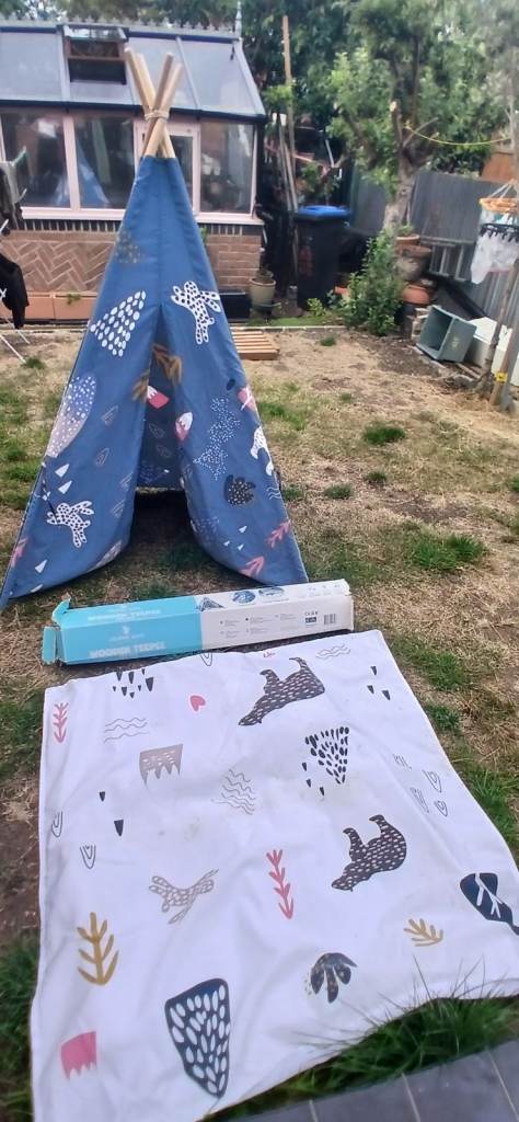 Free Wooden Teepee Play Tent – Blue with Animal Print, As Good As New
