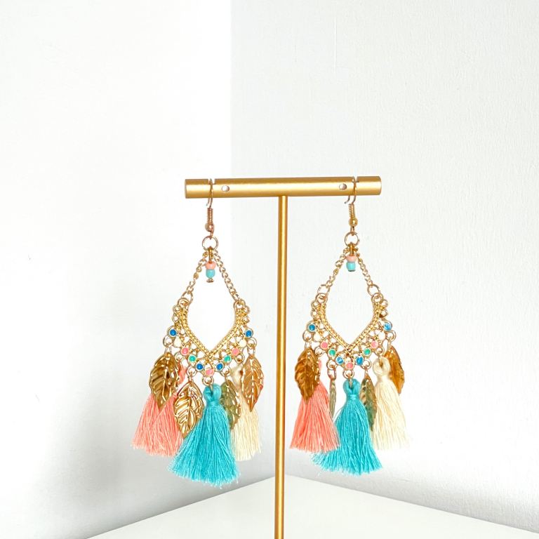 Boho Ethnic Gold Leaf Tassel Earrings Colorful Fringe Festival Drop Earrings Dangle Earrings