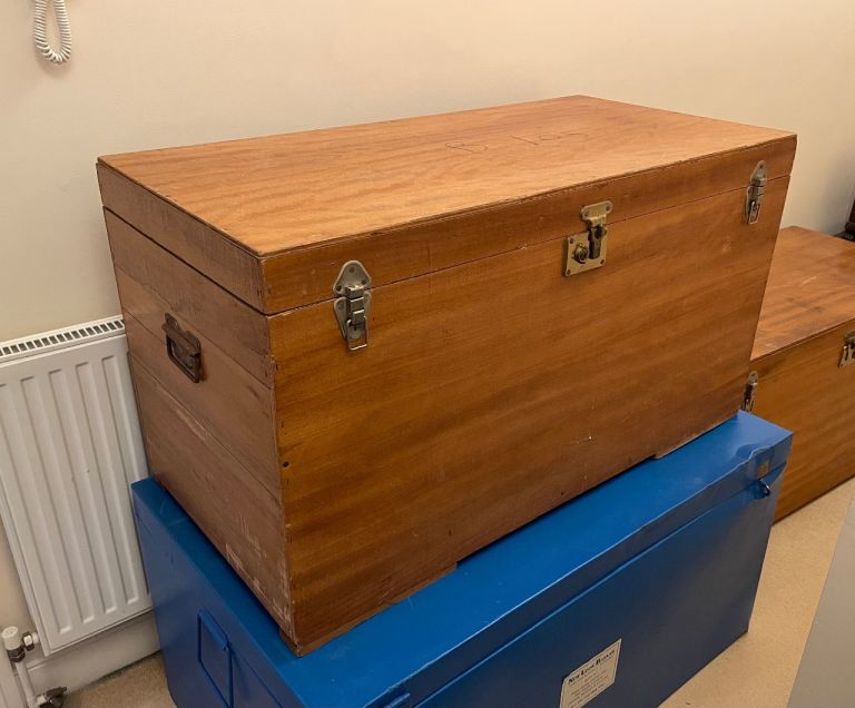 Large Wooden Storage Chest with Plaid Lining