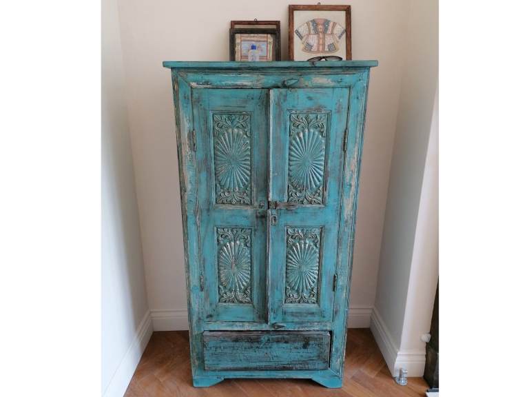 Antique Indian Hardwood Painted Kitchen Bathroom Cupboard Cabinet Blue Turquoise