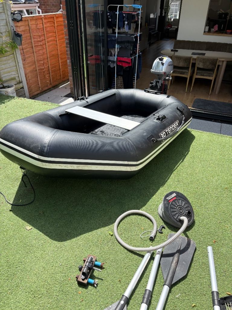 3D Tender Inflatable Dinghy with Outboard, Oars, and Pump