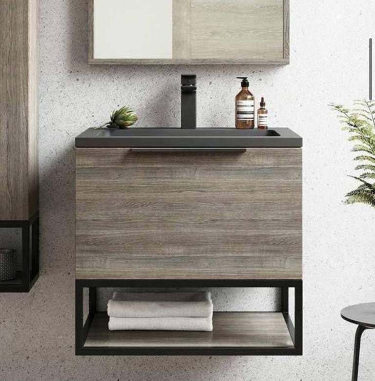 600mm Wall-mounted vanity unit with Matte dark grey basin and shelf 