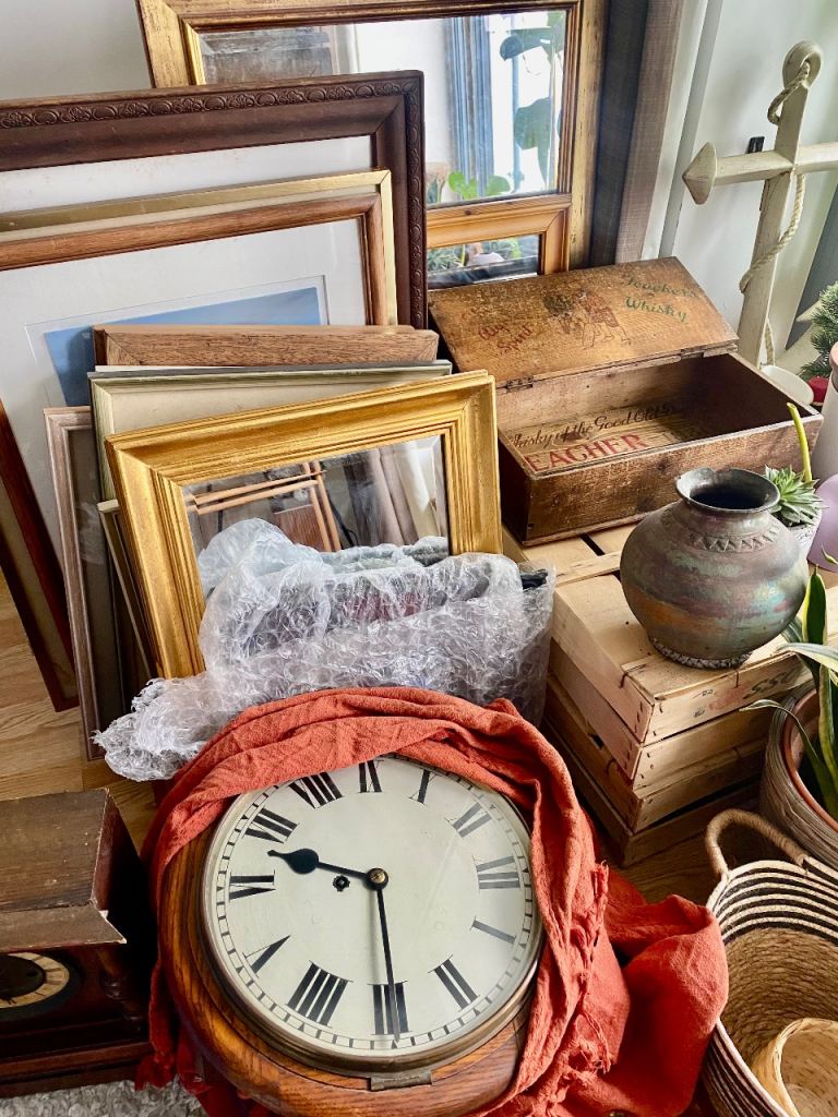 Selection of 1800s - 1900s antique mirrors, paintings, clocks 