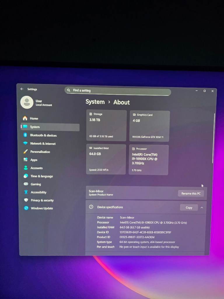Scan 3XS Custom Built PC Core i9/64gb DDR4