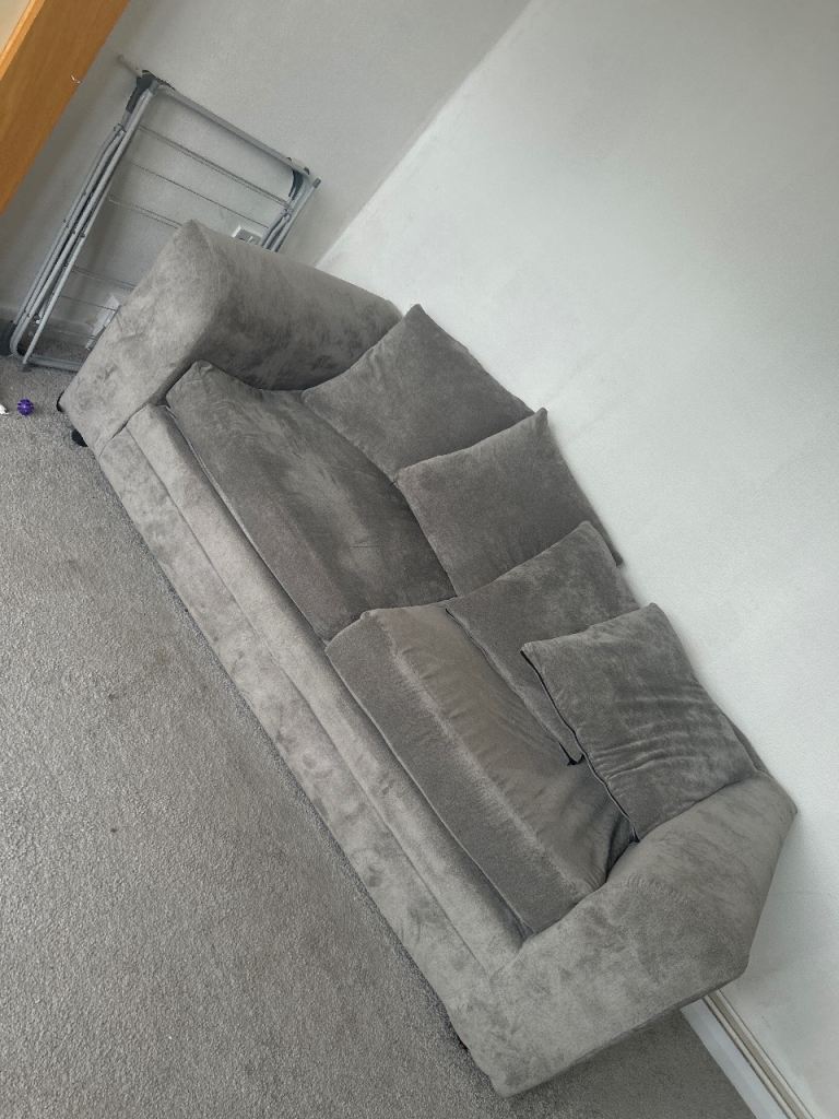 Good Condition Grey Fabric Two-Seater Sofa with Cushions