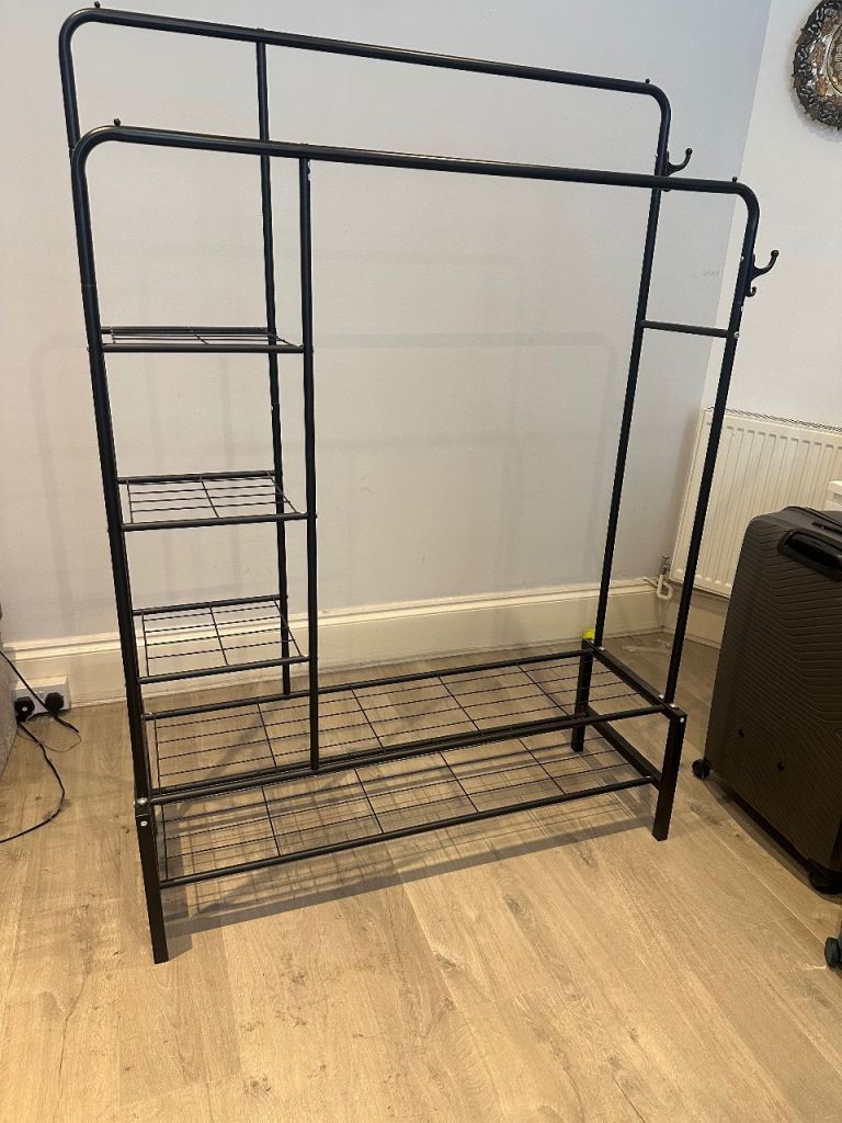 Black Metal Clothes Rail with Shelves and Hooks 