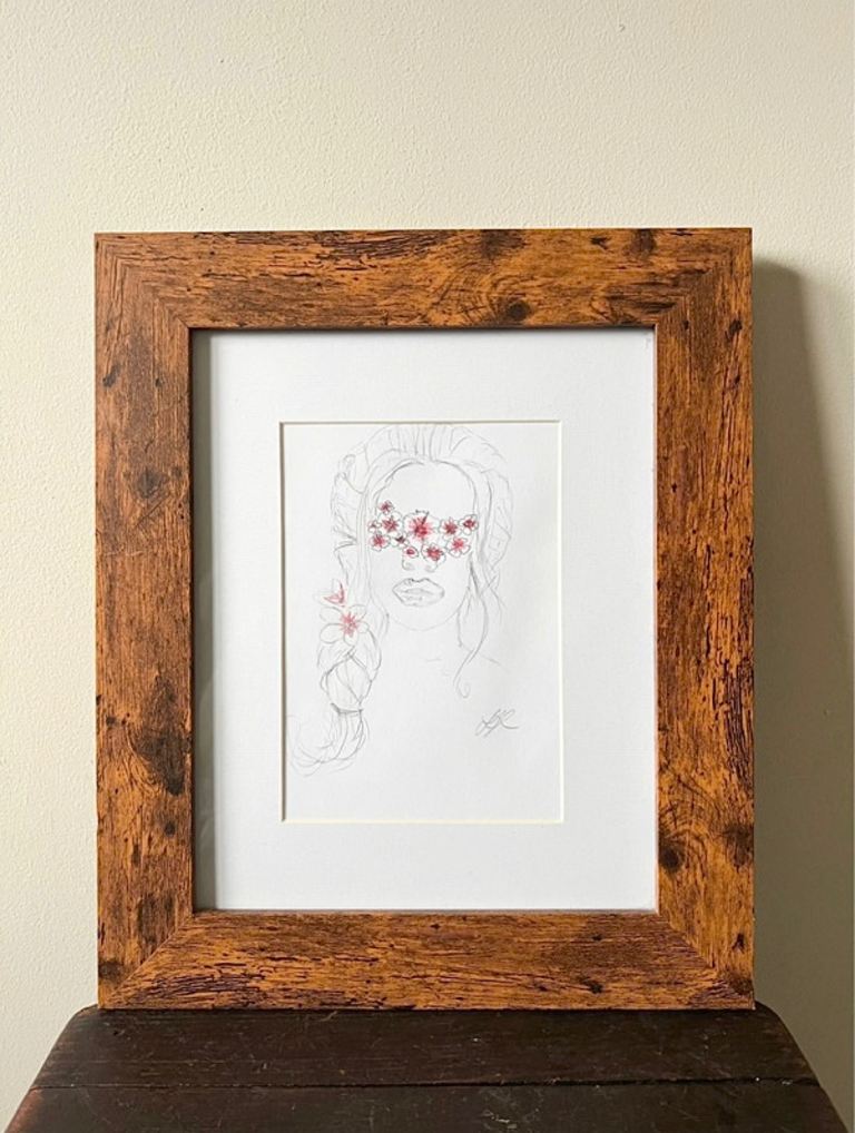 Framed Original Art Pencil Sketch Female Artwork Wall Hanging 