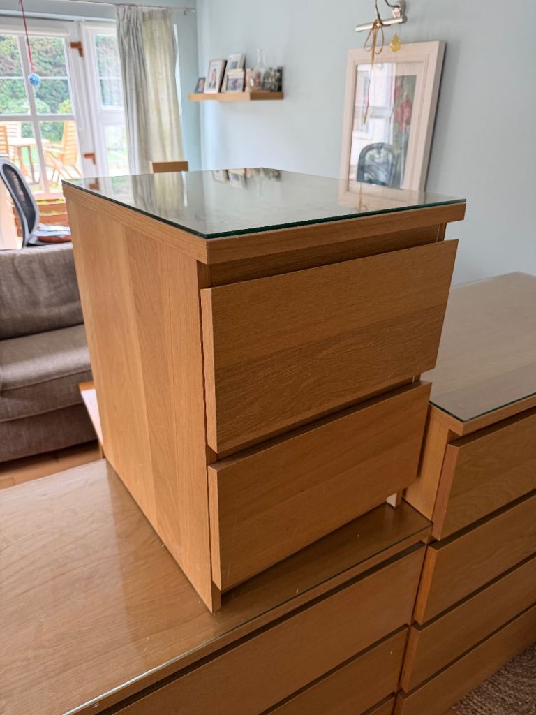 IKEA Malm Chest of 2 drawers, light oak veneer, 40x55 cm with glass top