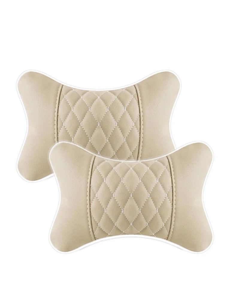 2 Car Seat 2 Neck Pillow - Beige With White Stitching