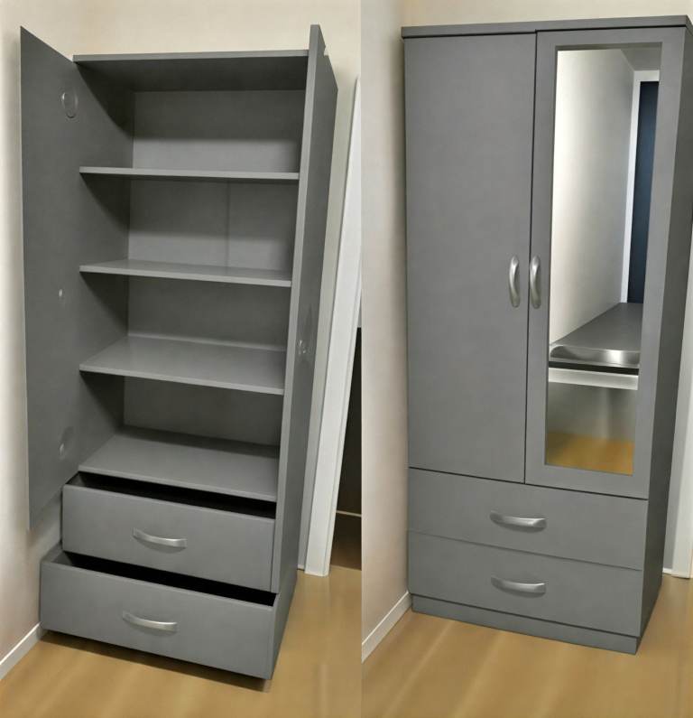 GreyWardrobe with Shelves and Drawers – Good Condition
