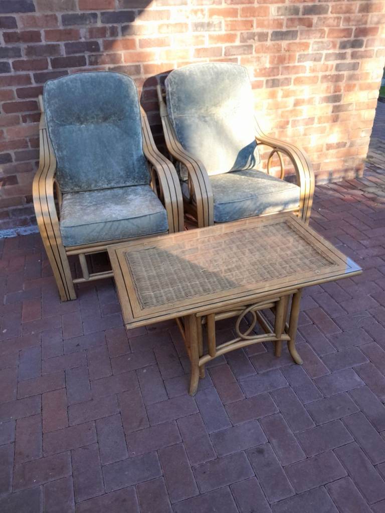 2 x Desser Conservatory Madrid light oak cane armchairs with dual height table.