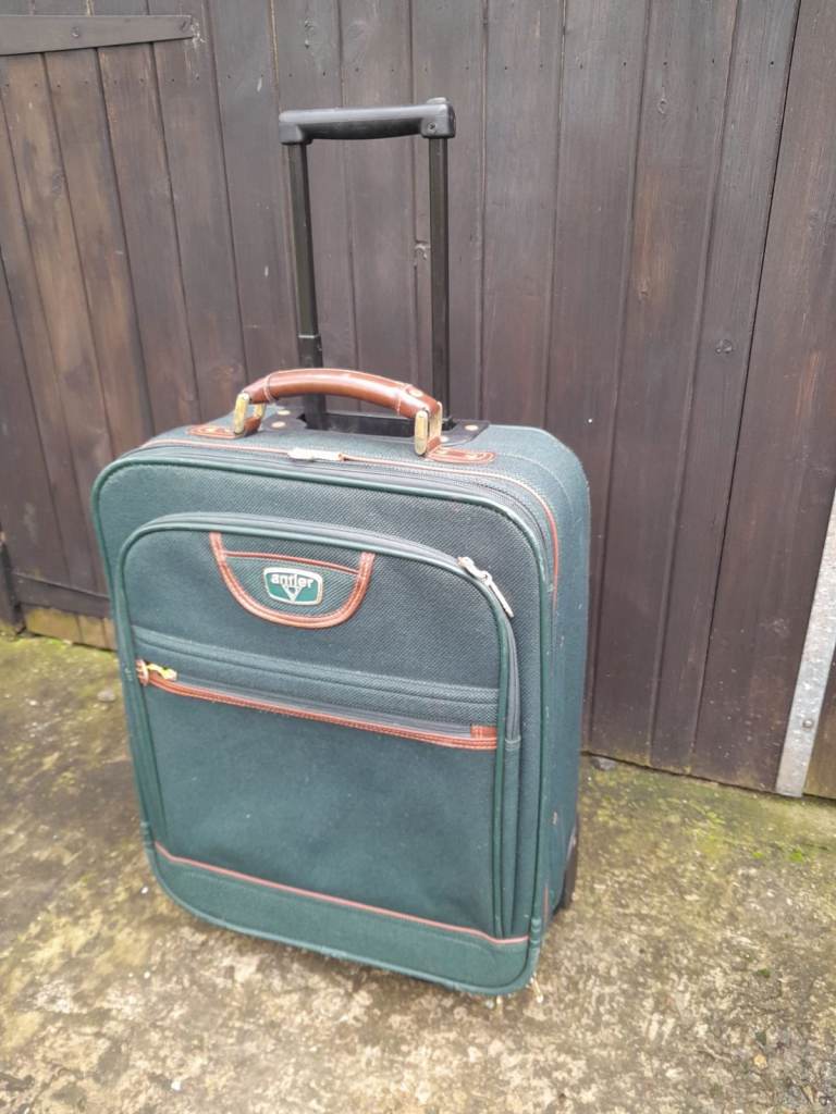 Quality sturdy 2-wheel travel suitcase by Antler, canvas body, leather handle/trim, long handle