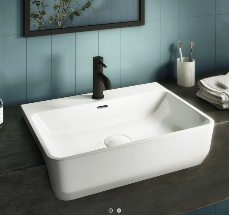 white recessed bathroom basin with matte black mixer and black basin waste