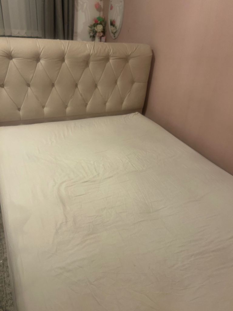 Cream Upholstered Double Bed Frame with Button Tufted Headboard