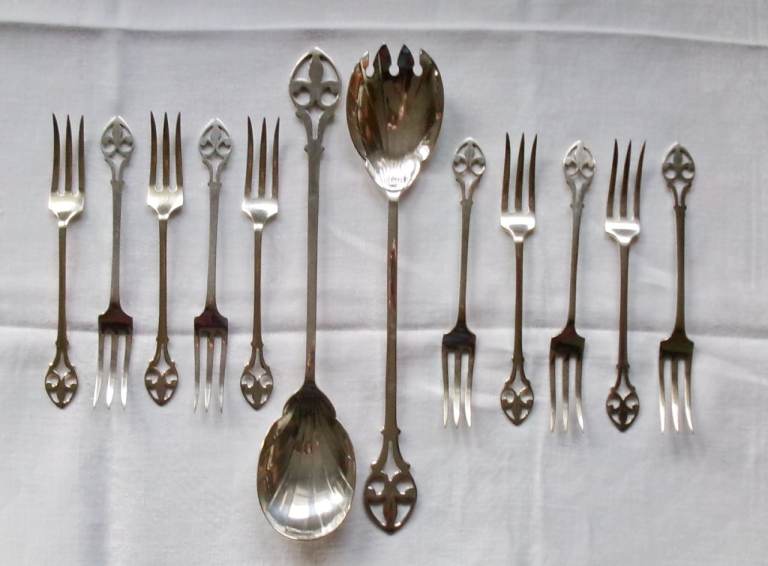 12 Piece Set of Antique Silver Plated Fruit Forks & Servers