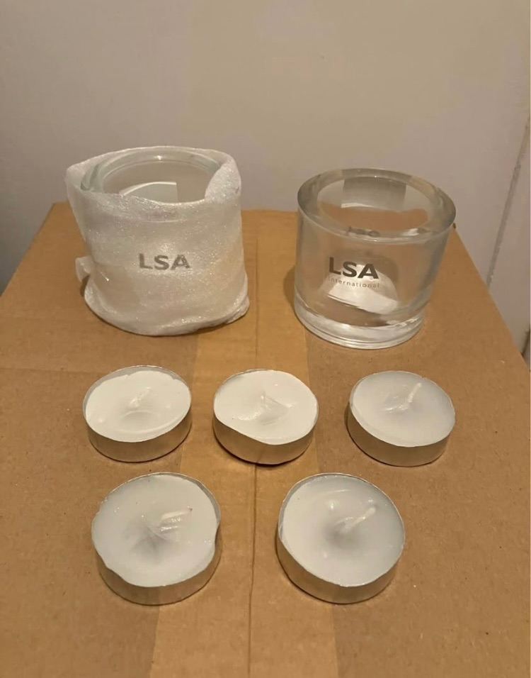 2 LSA International clear glass tea light holders and 5 tealights. New. Collect Fulham
