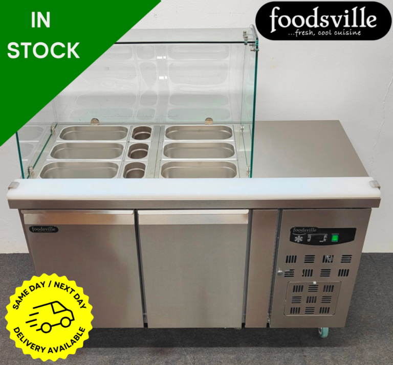 PROFIT NOW, BUY LATER! - NEW Foodsville 1360mm 2 Door Glass Saladette Display Fridge, On Wheels