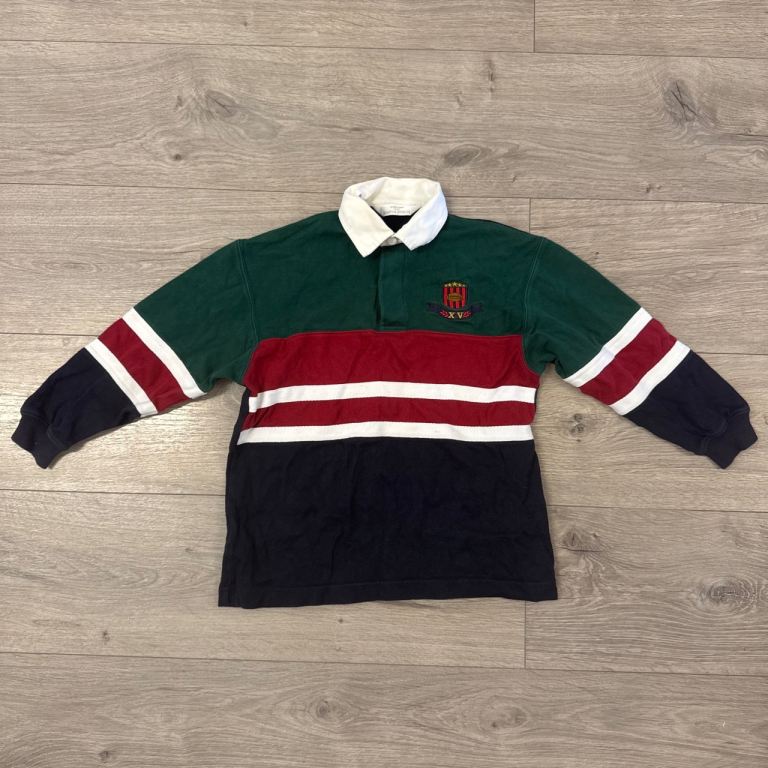 Boys M&S Vintage Green, red & navy blue 90s rugby polo shirt  - UK 5/6 yrs