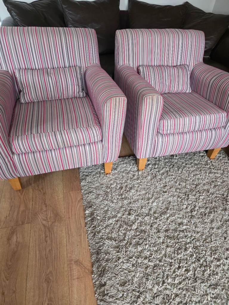 Pair of Striped Fabric Armchairs – Multicoloured, Good Condition