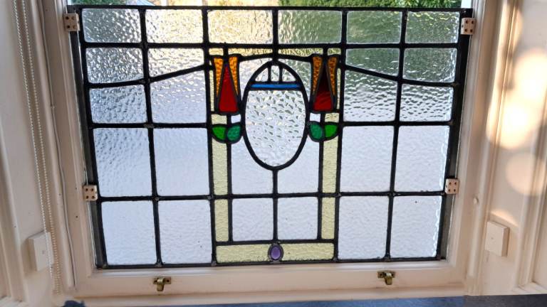 Antique Leaded Stained Glass Window Panel - Art Nouveau Tulip Design