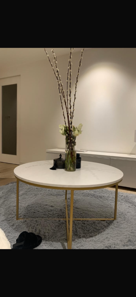 Stylish White Round Coffee Table with Gold Metal Legs