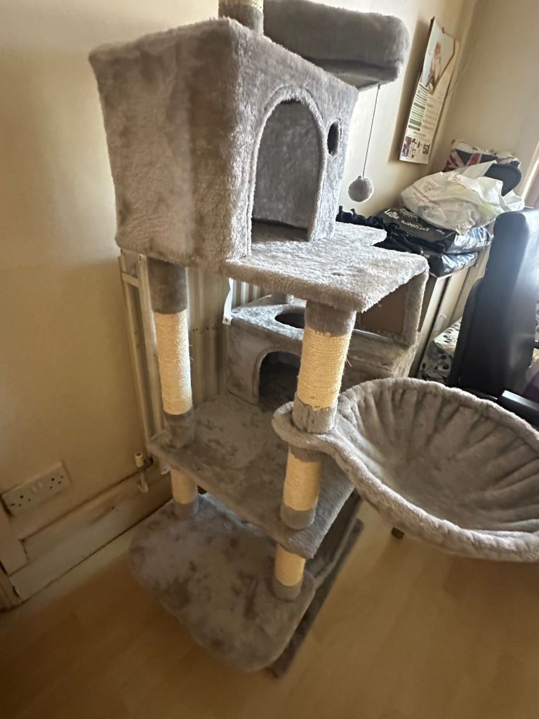 Luxury Multi-Level Cat Tree with Hammock & Condo – Soft Grey