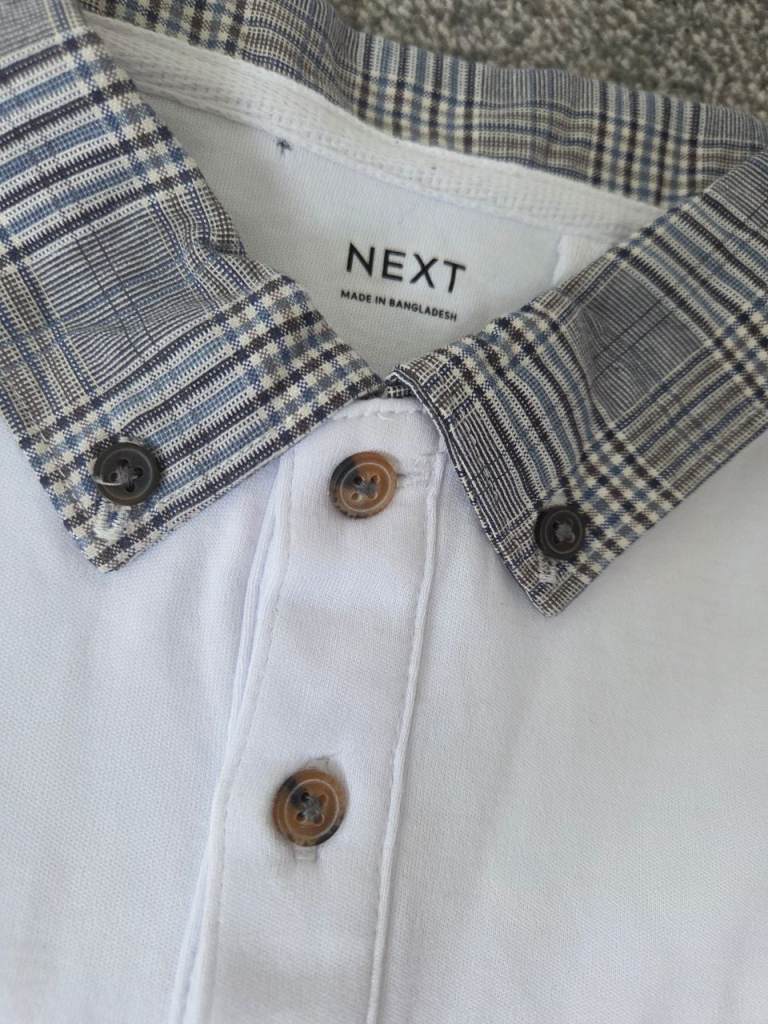 Next Men's White Polo Shirt with Checked Collar – Good Condition