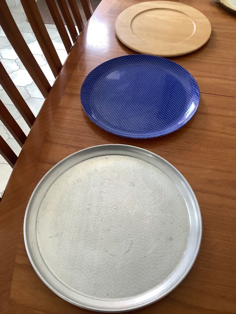 Three Decorative Trays - Silver Metal / Blue Plastic / Light Wood