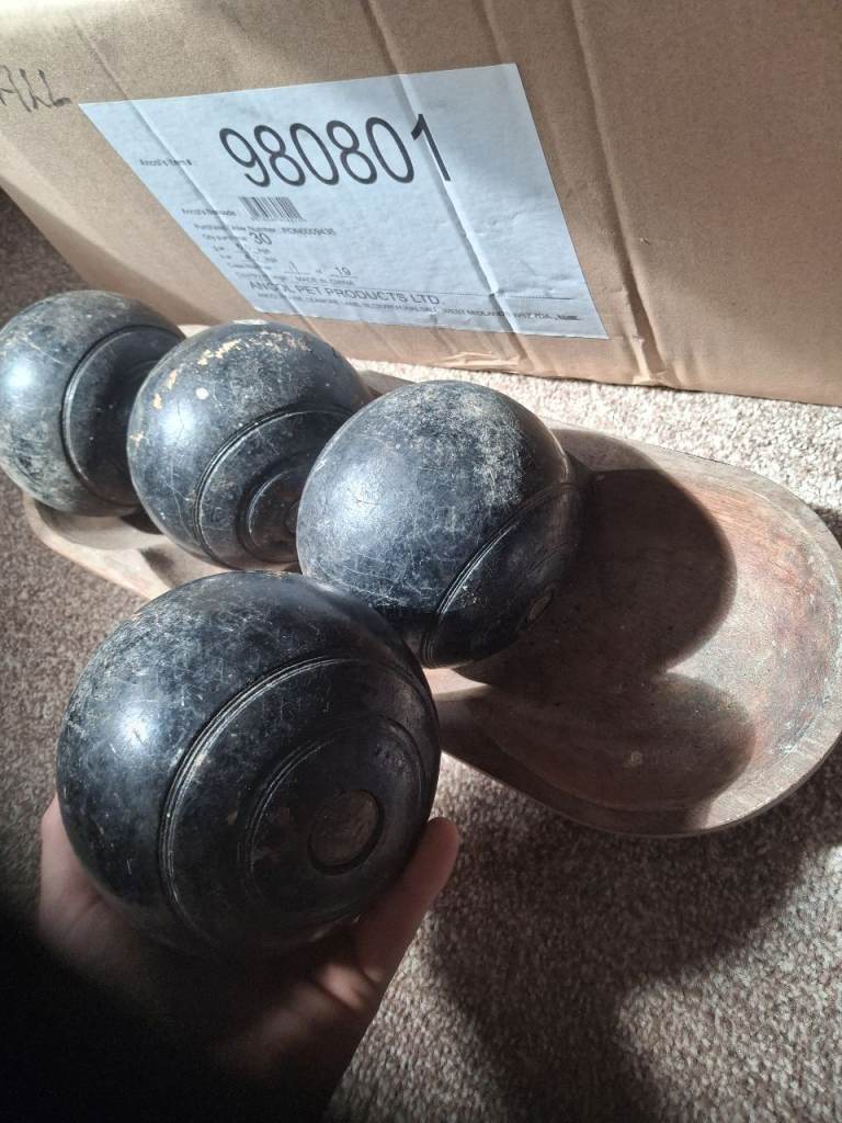 Vintage Black Boules Set with Wooden Tray - Fair Condition
