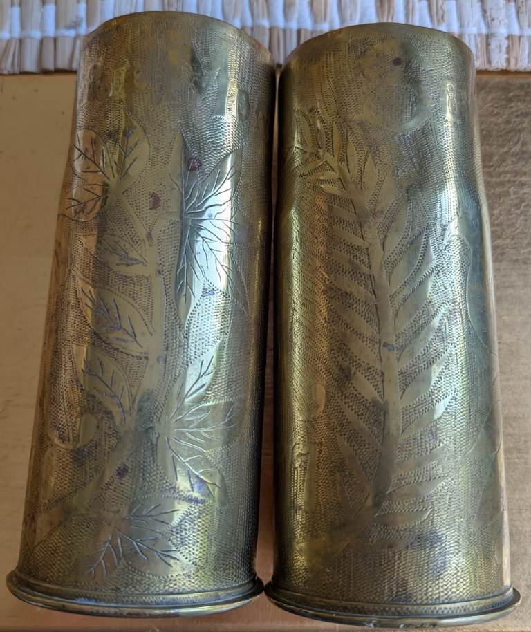 WW1. (2)Pair of Engraved Brass Shell Cases Trench art Stamped Very Collectable