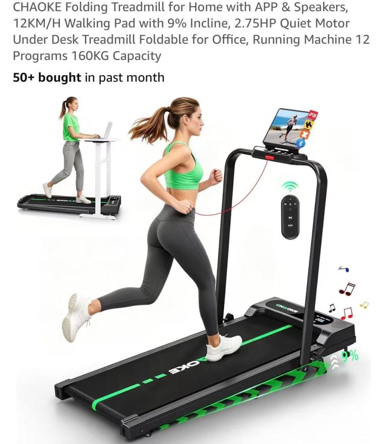 CHAOKE Folding Treadmill with APP & Speakers – New