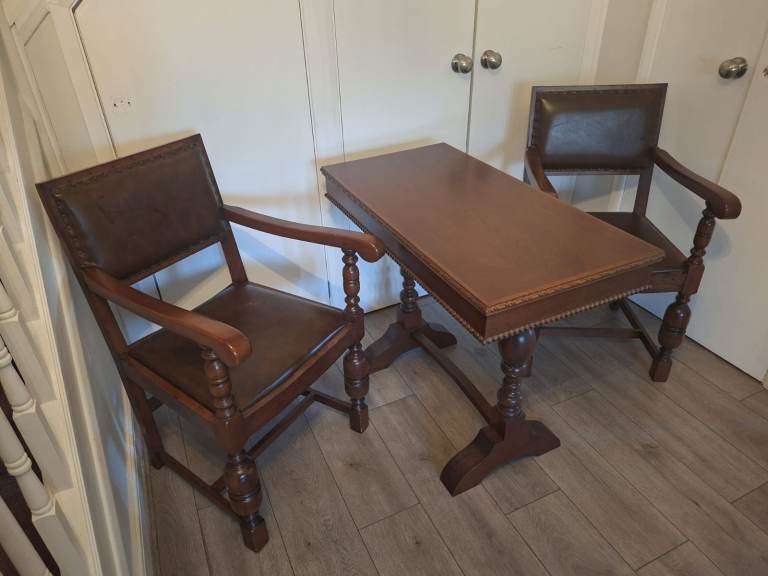 Wooden Table and Two Leather Dining Chairs