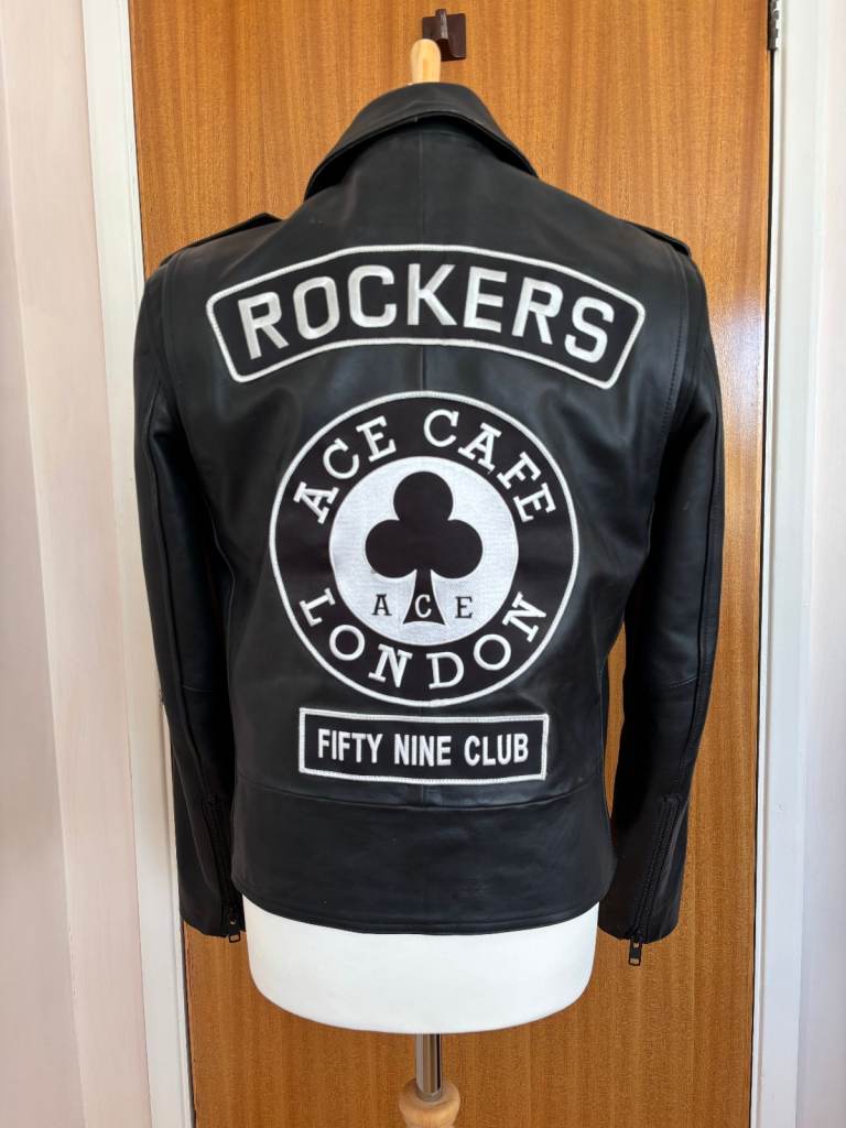 Rockers Ace Cafe Leather Motorcycle Jacket. Patches & badges. Medium 40 inch chest.