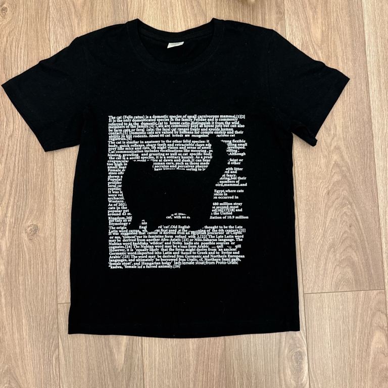 Women Black cat t-shirt with white text forming a cat silhouette - S 