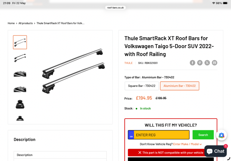 Thule SmartRack XT Roof Bars – Volkswagen Taigo (2022 onwards) – £140 ONO