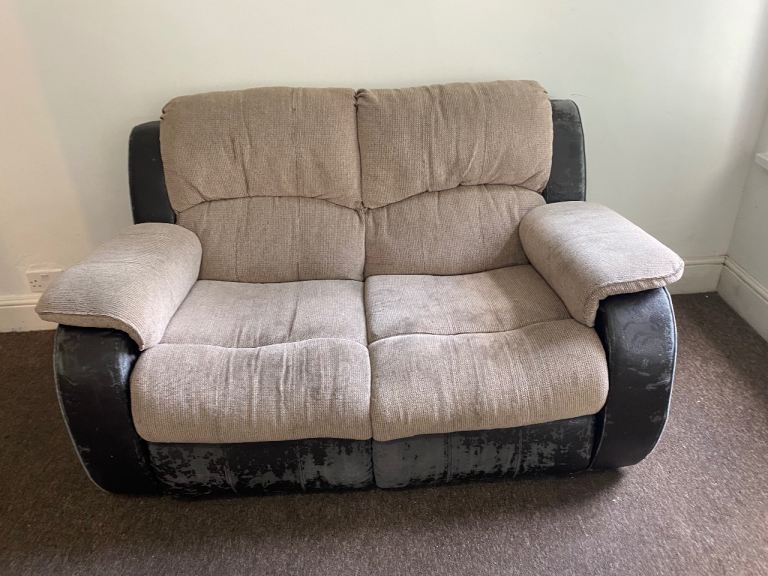 Sofa Suite – Brown & Beige Fabric & Faux Leather