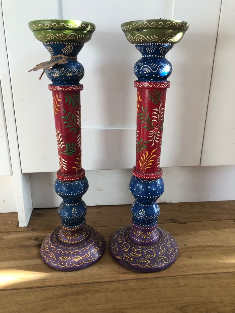 Pair of Tall Indian Hand-Painted Wooden Candle Holders