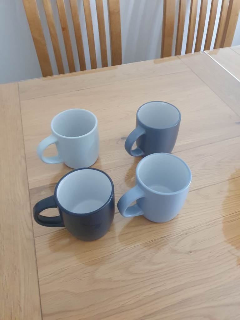 Set of 4 Ceramic Mugs – Grey and Blue, As Good As New
