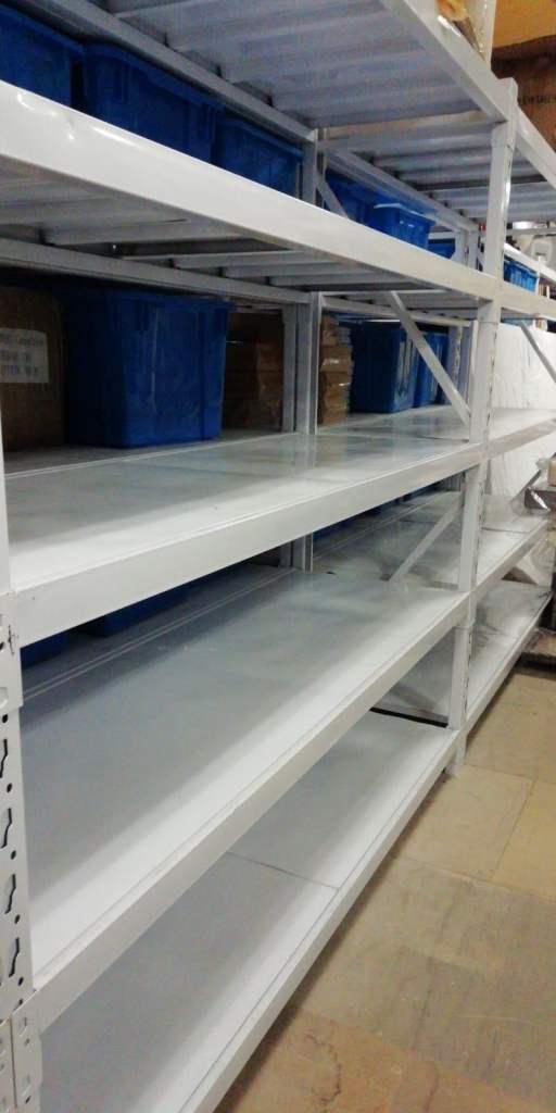 2 Complete Bays of White Metal Racking Shelving with Metal Trays ...