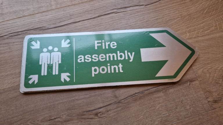 Fire Assembly Point Arrow Right Shaped Sign – 3mm Brushed Aluminium Composite