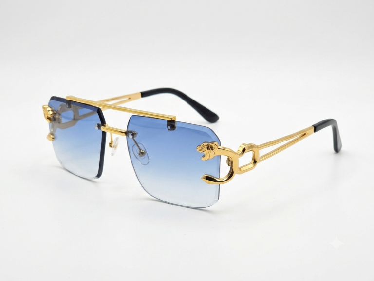 Stylish Blue Tint Rimless Sunglasses – Gold Frame