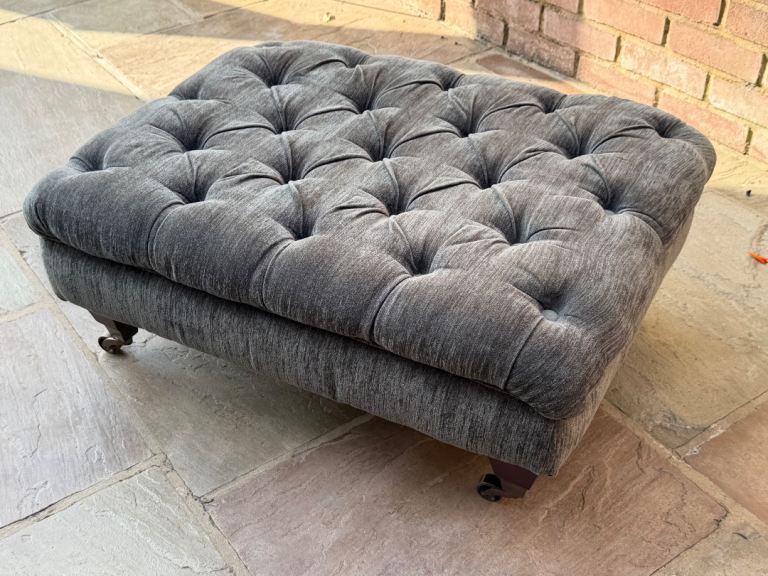 Grey Fabric button top Footstool with Casters