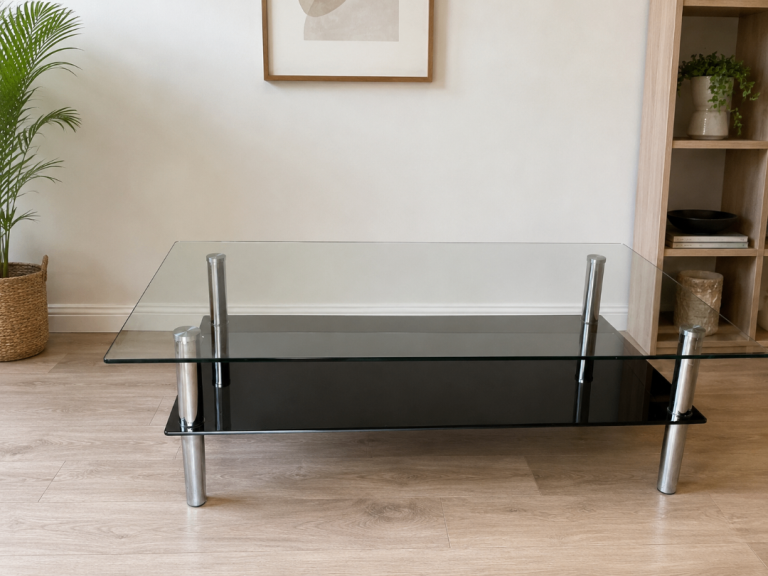 Modern Glass Coffee Table / TV Stand – Black Glass Shelf & Chrome Legs
