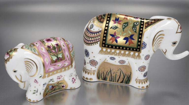 Royal Crown Derby Baby and Infant Indian Baby Elephant Paperweights (A lovely pair)