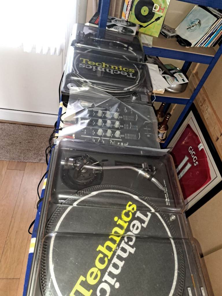 Technics 1210s x 2, DJ mixer headphones vinyl, record box. Complete set up